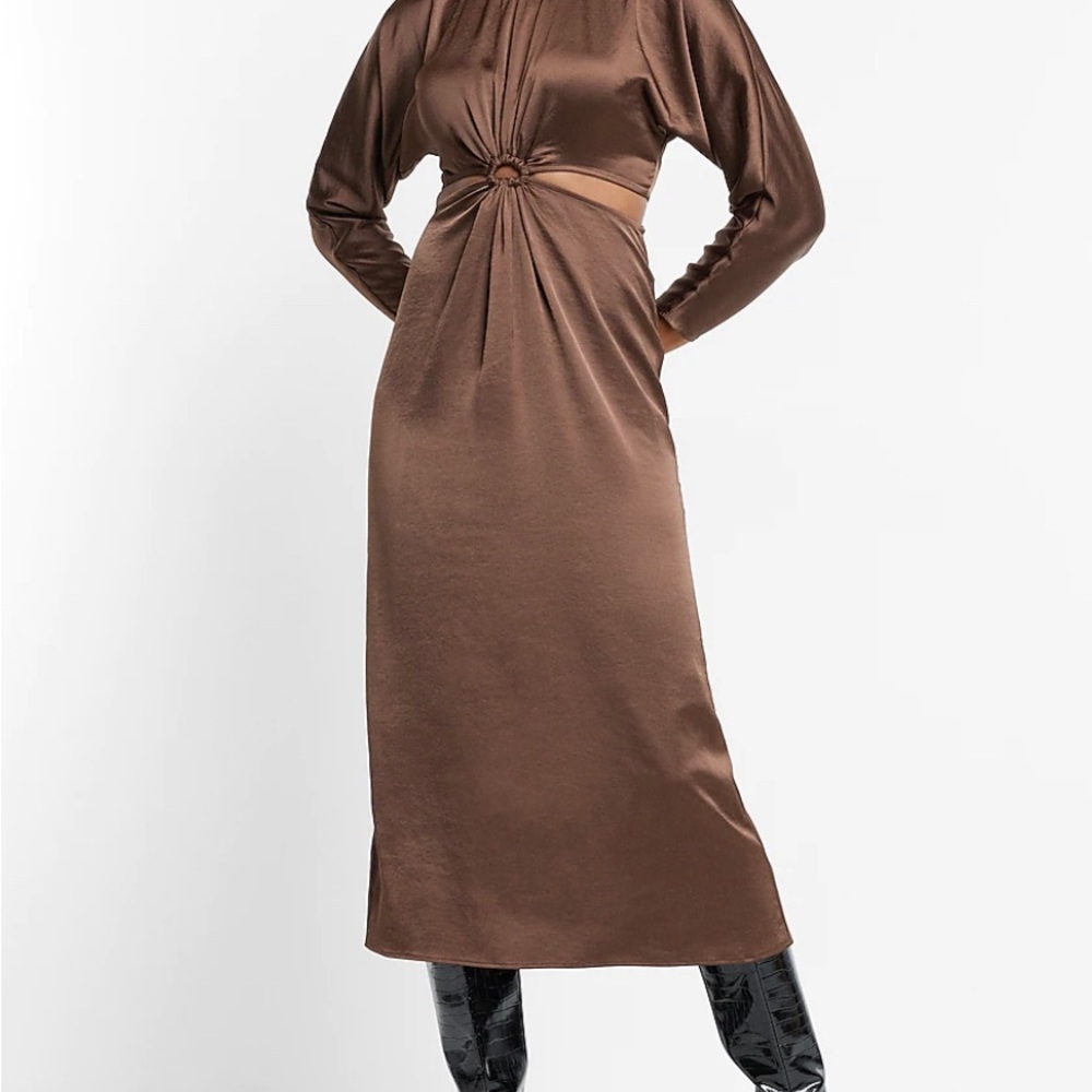 Satin Long Sleeve Cutout Midi Dress